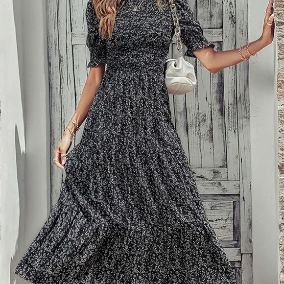 Spring Crew Neck Ruffle Short Sleeve Floral Print Smocked Boho Flowy Maxi Dress - Picture 1 of 8